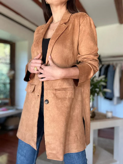 Variant image for Kvinna Blazer Skräddarsydd Mocka med Fickor och Knappar-2