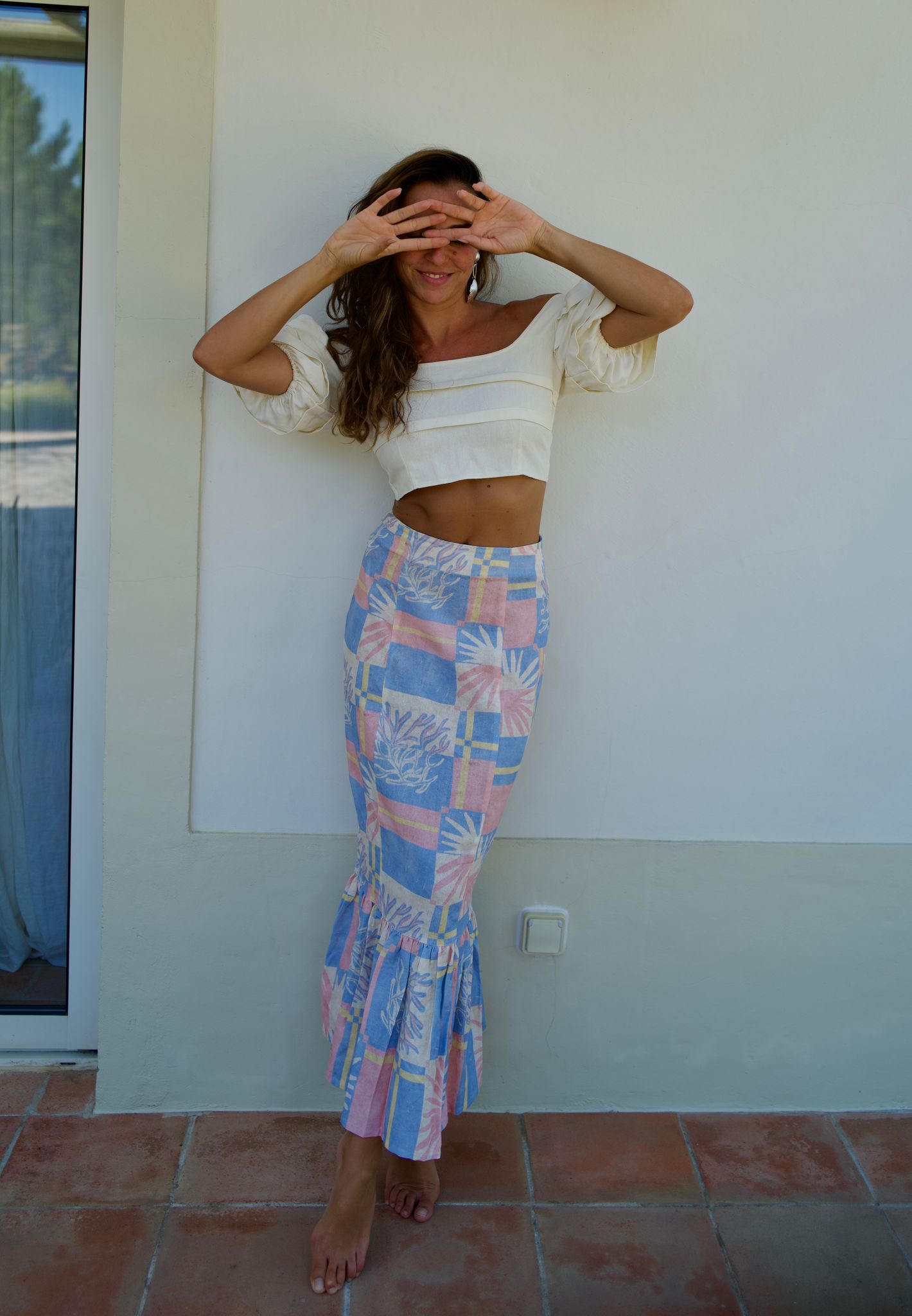 Kjol Dam Hög Midja Rynkad 100% Bomull-5