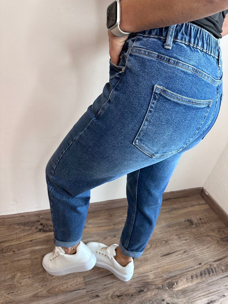 Damjeans Hög Midja Stretch Mörkblå med Elastisk Midjeband-4