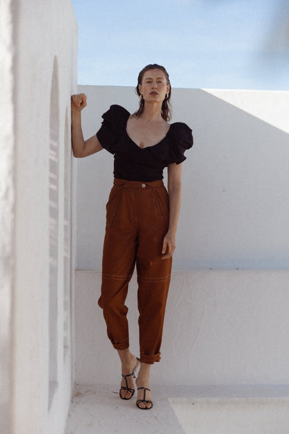 Dam Topp Voluminösa Ärmar Sexig Halsringning 100% Linne-5