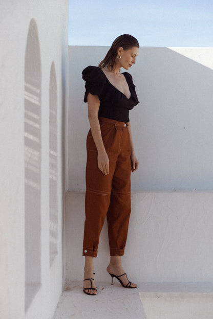 Dam Topp Voluminösa Ärmar Sexig Halsringning 100% Linne-3