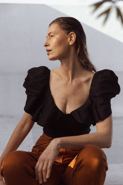 Dam Topp Voluminösa Ärmar Sexig Halsringning 100% Linne-1