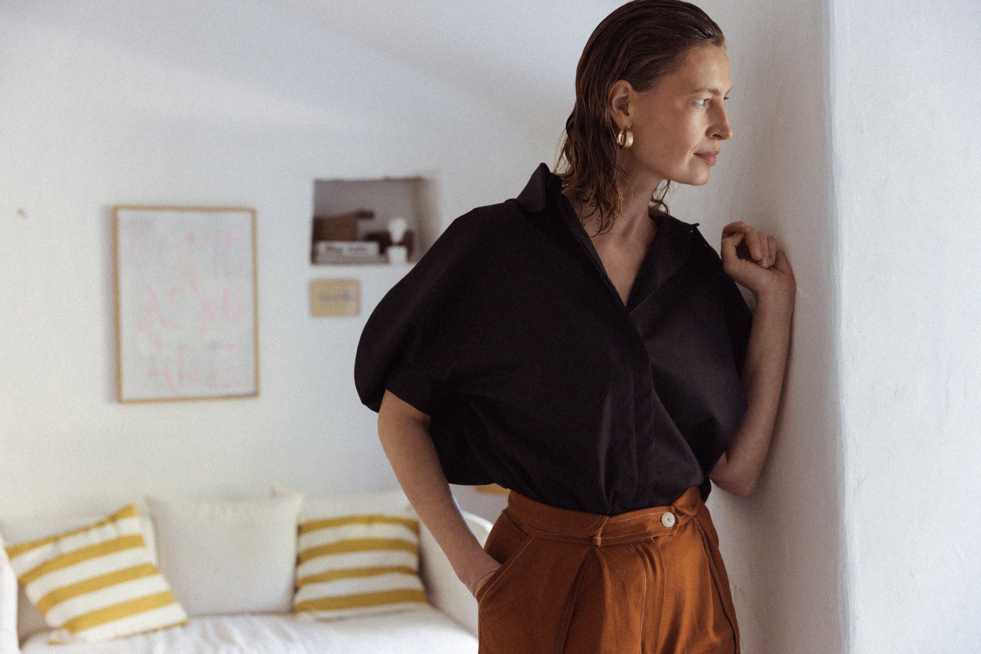 Dam Skjorta Minimalistisk med Romantisk Krage i Bomull-1