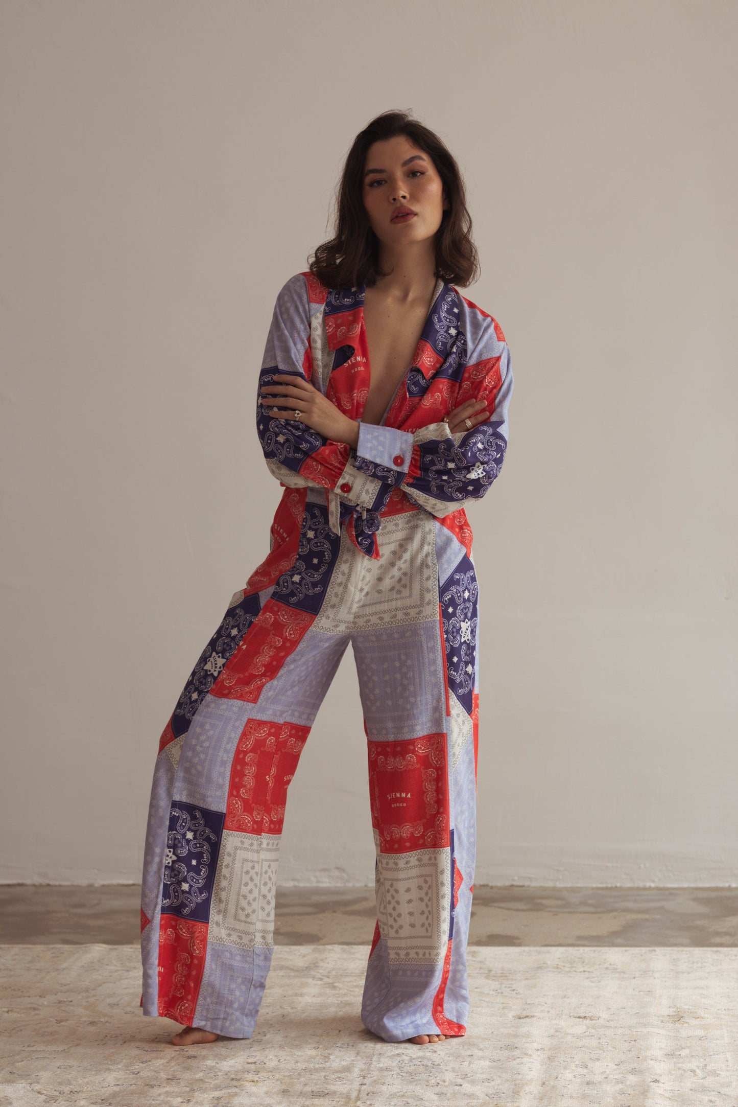 Snygga Byxor Dam Raka Snitt Viskos och Linne Wolff Bandana Mönster-2