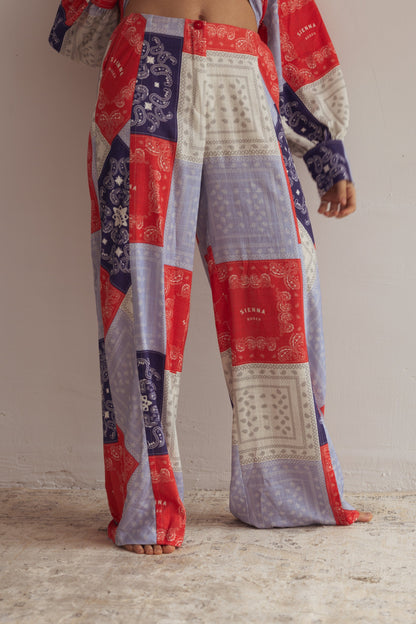 Snygga Byxor Dam Raka Snitt Viskos och Linne Wolff Bandana Mönster-3