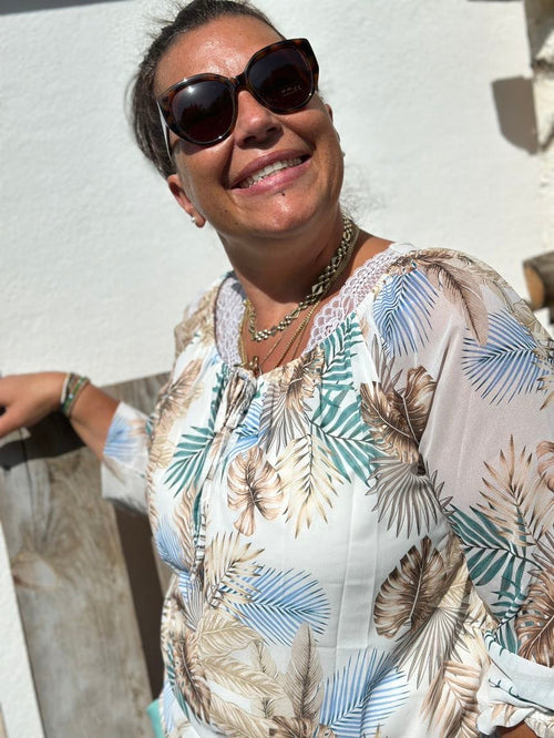 Dam Skjorta Plus Storlek Ljus Beige Blå 100% Bomull-1