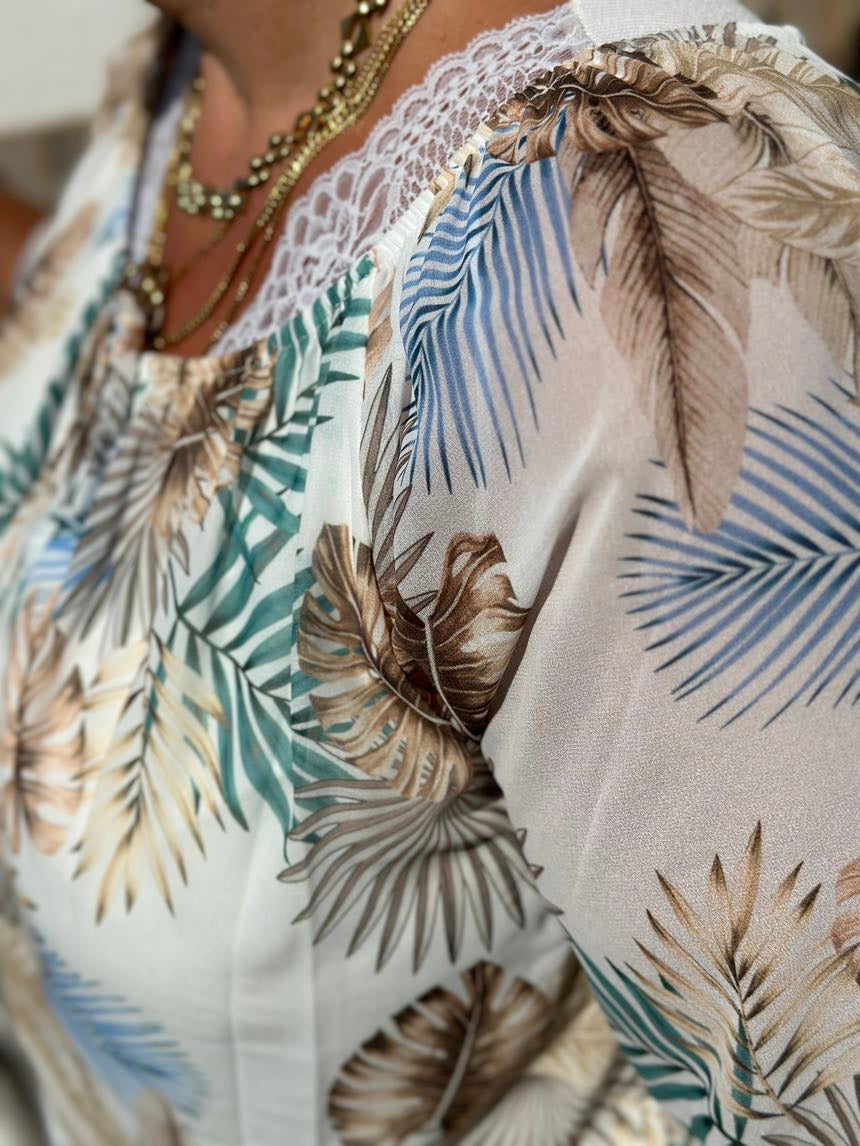 Dam Skjorta Plus Storlek Ljus Beige Blå 100% Bomull-3