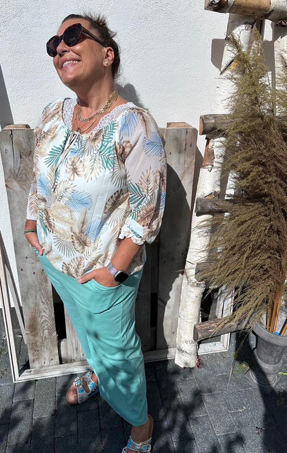 Dam Skjorta Plus Storlek Ljus Beige Blå 100% Bomull-6