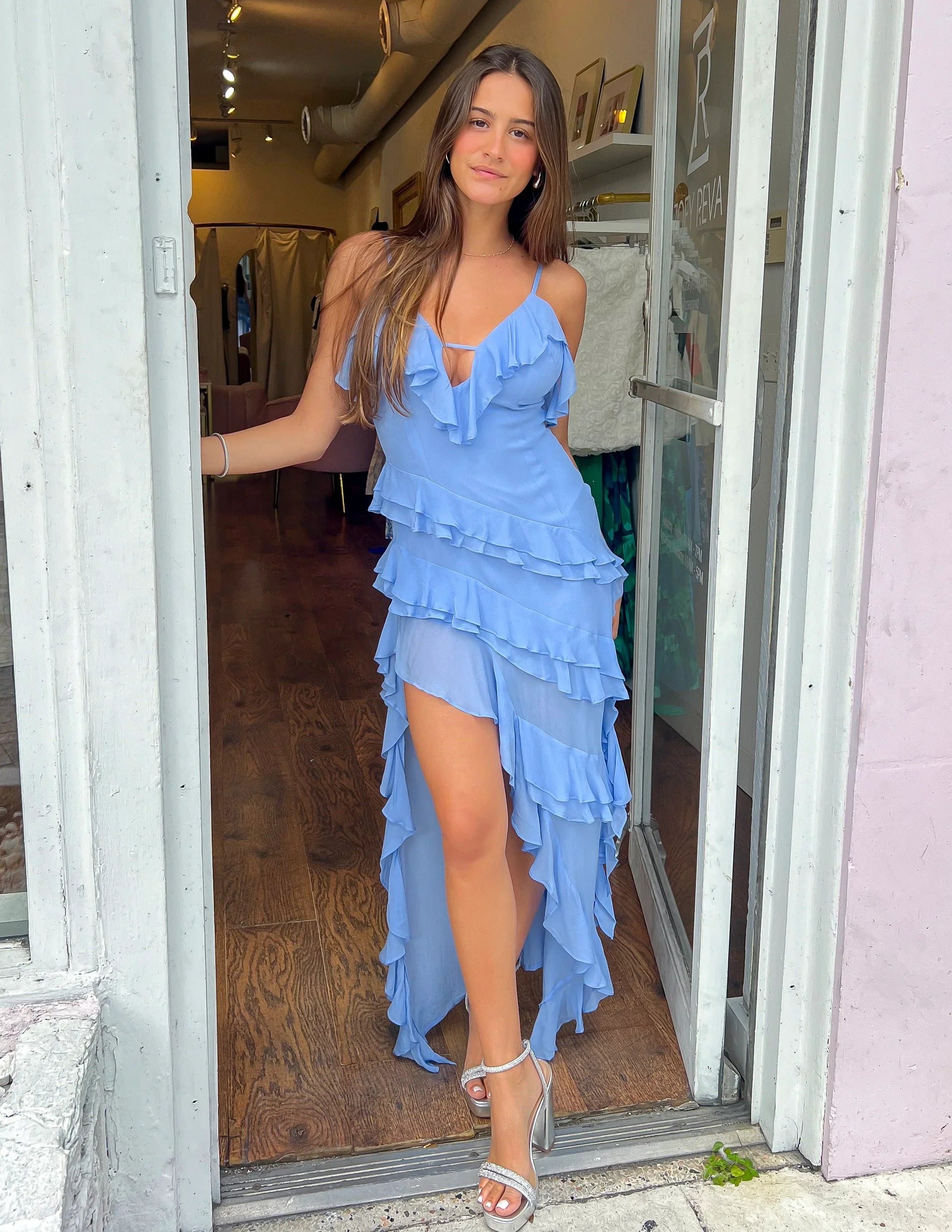 Kvinna Halter Klänning med Ruffles Bomullsmix-3