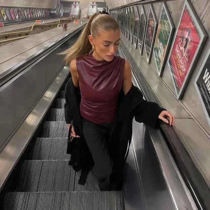 Dam Slim-Fit Top Läder Mjuk Yta-1