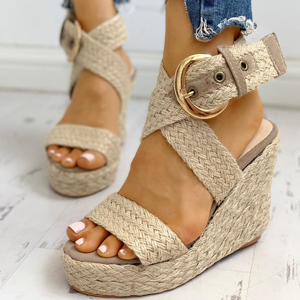 Kilformade Sandaler Dam med Flätade Remmar i Hampa – Öppen Tå och Hög Häl för Sommarens Evenemang 5
