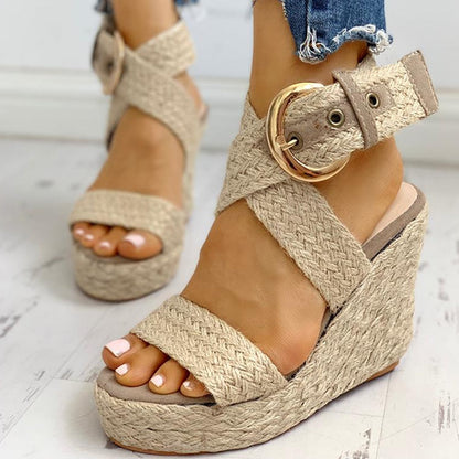 Kilformade Sandaler Dam med Flätade Remmar i Hampa – Öppen Tå och Hög Häl för Sommarens Evenemang 5