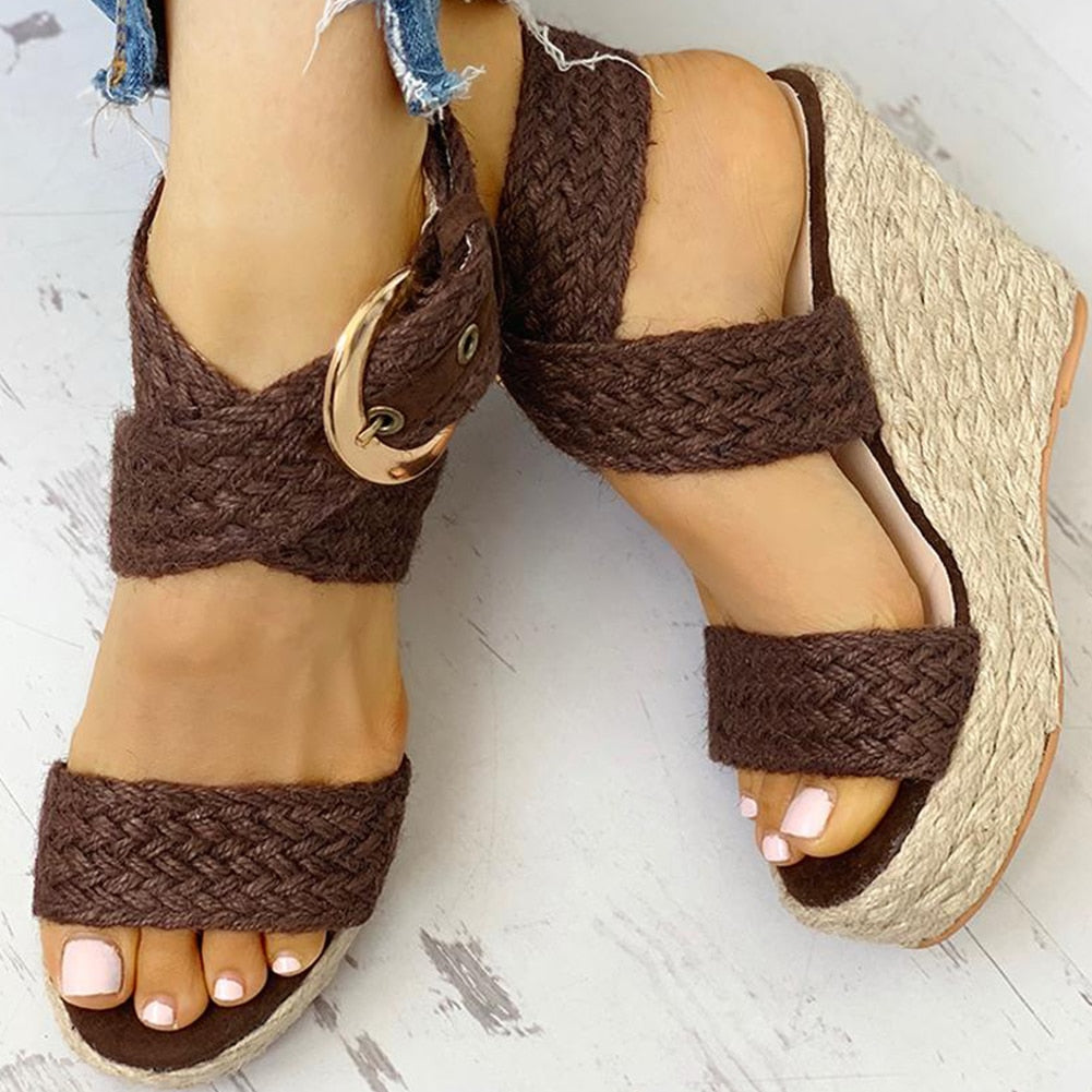Kilformade Sandaler Dam med Flätade Remmar i Hampa – Öppen Tå och Hög Häl för Sommarens Evenemang 4