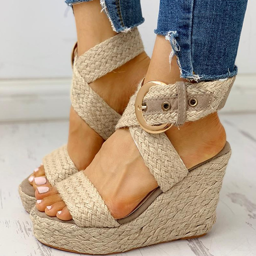 Kilformade Sandaler Dam med Flätade Remmar i Hampa – Öppen Tå och Hög Häl för Sommarens Evenemang 3