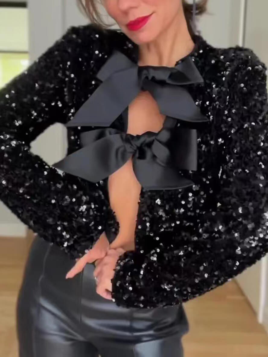 Kvinnors Paljettoppar Öppen Front Satin Detaljer Polyester-2