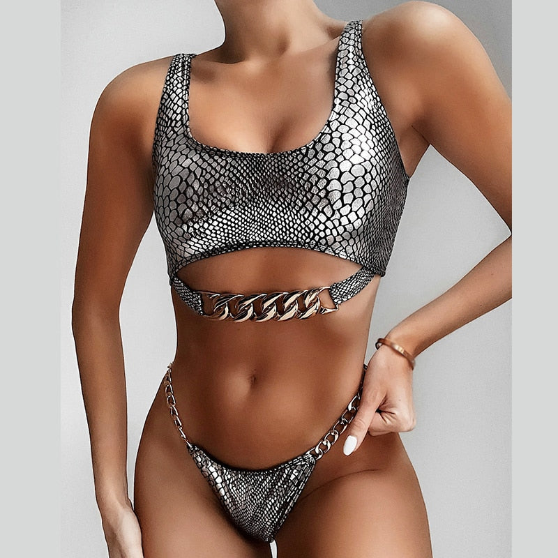 Dam Bikini Set Asymmetrisk Djurmotiv Polyester Spandex-6