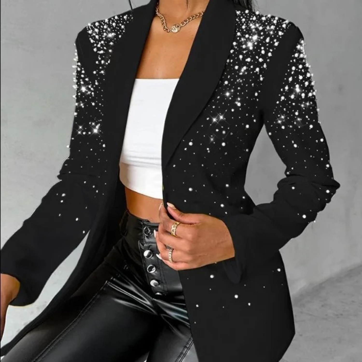 Kvinna Blazer Elegant Pärlapplikationer Högkvalitativt Tyg-3
