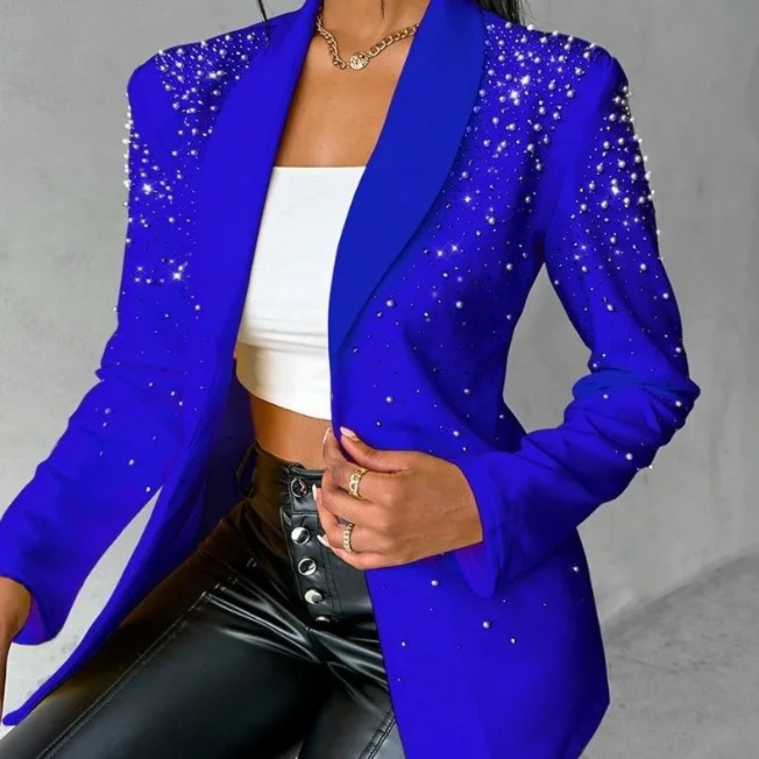 Kvinna Blazer Elegant Pärlapplikationer Högkvalitativt Tyg-5