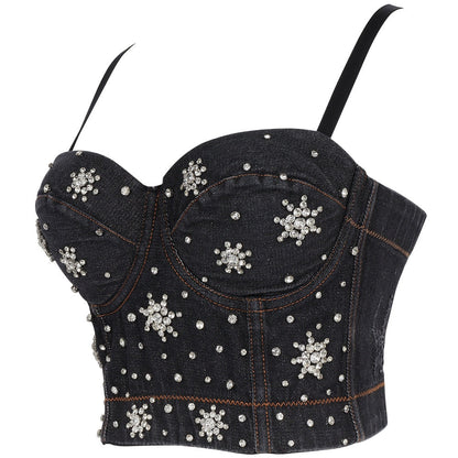 Dam Bustier Justerbar Denim med Pärldetaljer-2