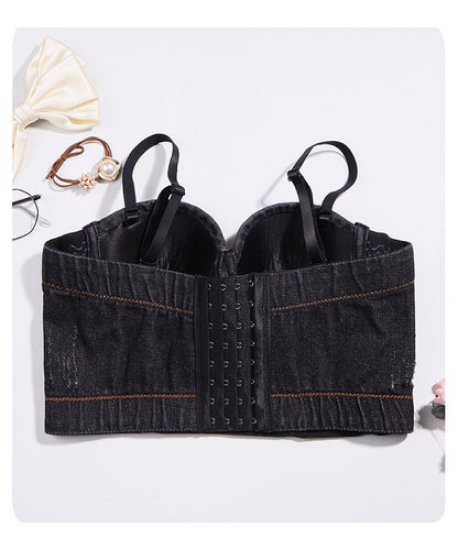 Dam Bustier Justerbar Denim med Pärldetaljer-3