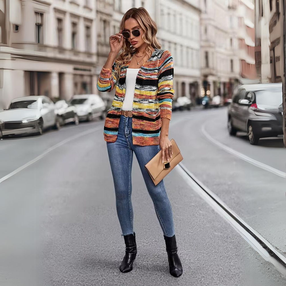 Dam Kofta Mjuk Ull med Regnbågslinjer Modern Stil 2