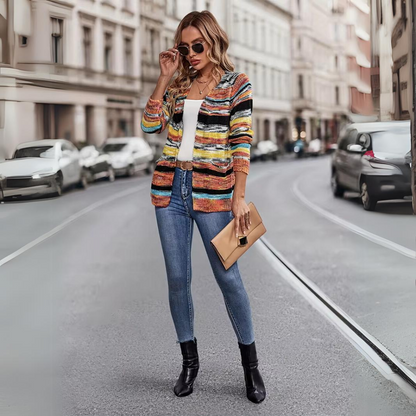 Dam Kofta Mjuk Ull med Regnbågslinjer Modern Stil 2