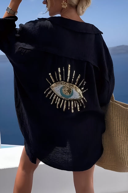 Dam Blus med Fällbar Krage Ond Ögon Design Lätt Andningsbart Tyg-4