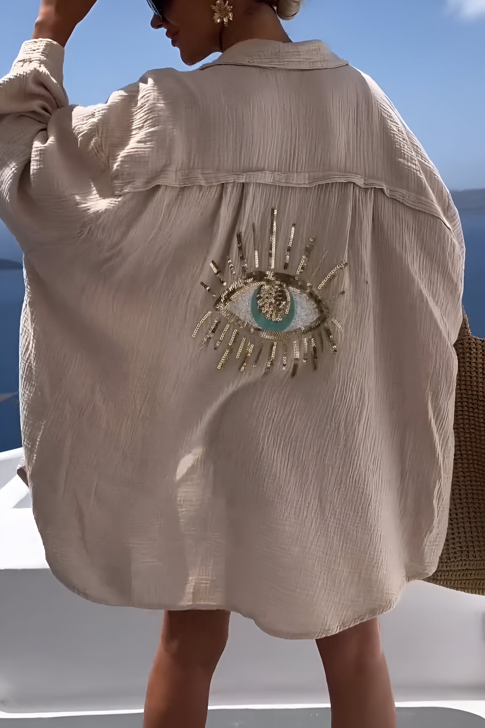 Dam Blus med Fällbar Krage Ond Ögon Design Lätt Andningsbart Tyg-5