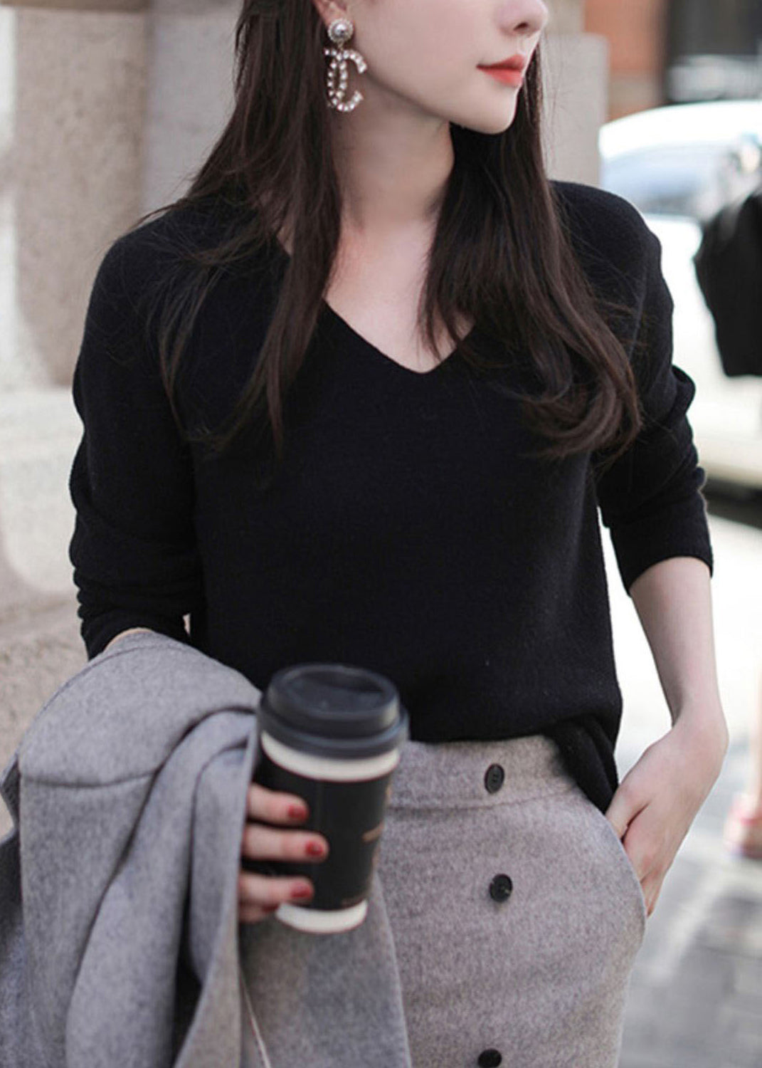 Dam Tröja V-ringad Ull för Hösten 3