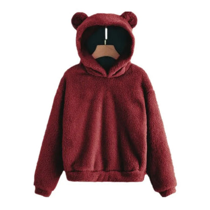 Dam Hoodie Teddy med Björnöron Mjuk Material-5