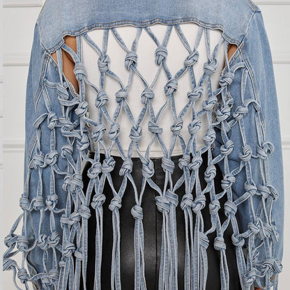 Dam Denimjacka Kort Fransar och Regelbunden Krage-6