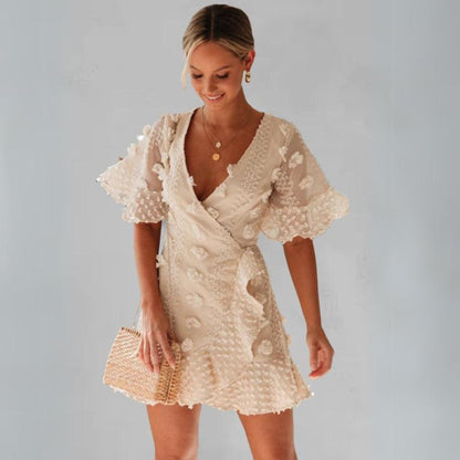 Kvinna Spetsklänning V-hals Fladderärmar Spets-1