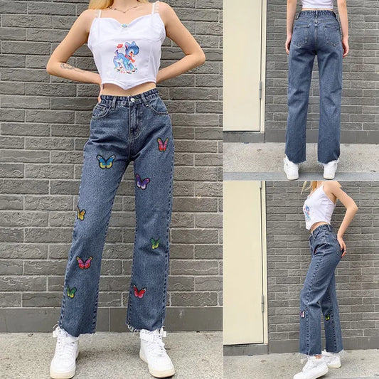 Dam Jeans Med Hög Midja Och Fjärilsbroderi i Högkvalitativ Denim-1