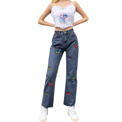 Dam Jeans Med Hög Midja Och Fjärilsbroderi i Högkvalitativ Denim-4