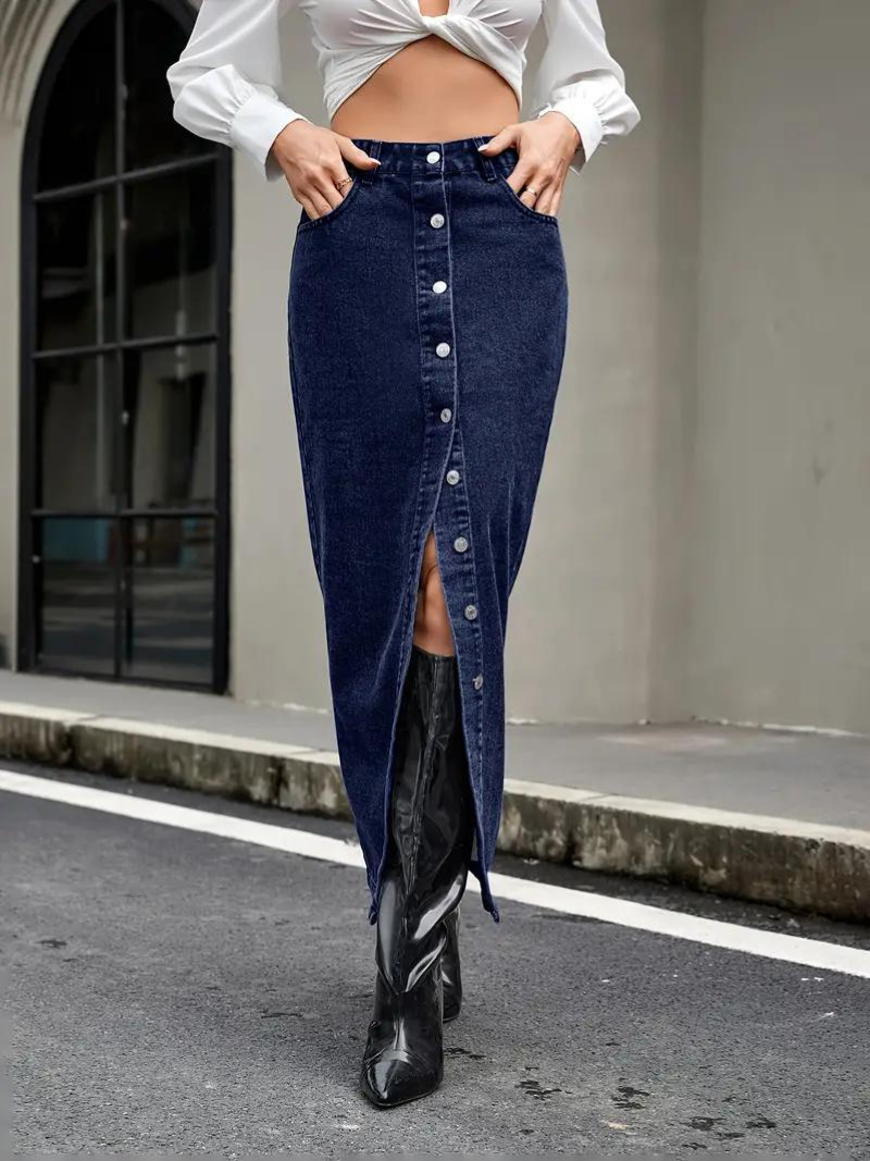 Kvinnors Lång Jeanskjol Stretchig Denim för Dam 11