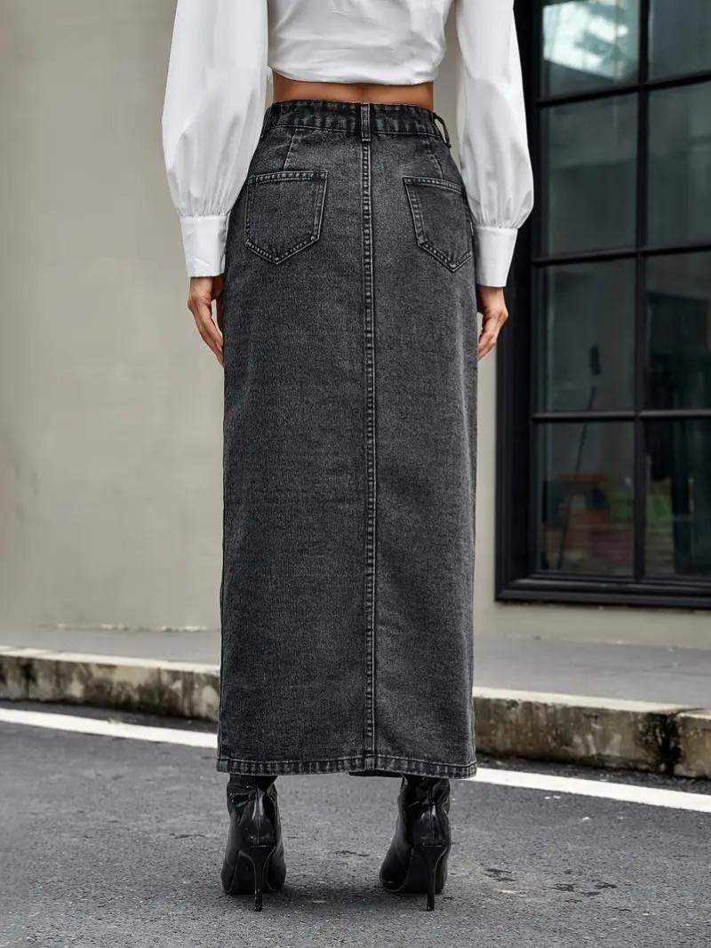 Kvinnors Lång Jeanskjol Stretchig Denim för Dam 4