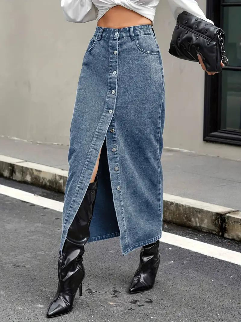 Kvinnors Lång Jeanskjol Stretchig Denim för Dam 8