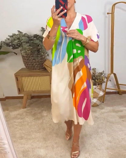 Fina Dam Klänningar med Färgglada Blad i Lätt Polyester-2