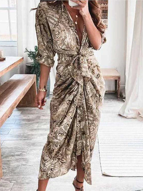 Dam Fritidsklänning V-ringning Bälte Lätta Material-6