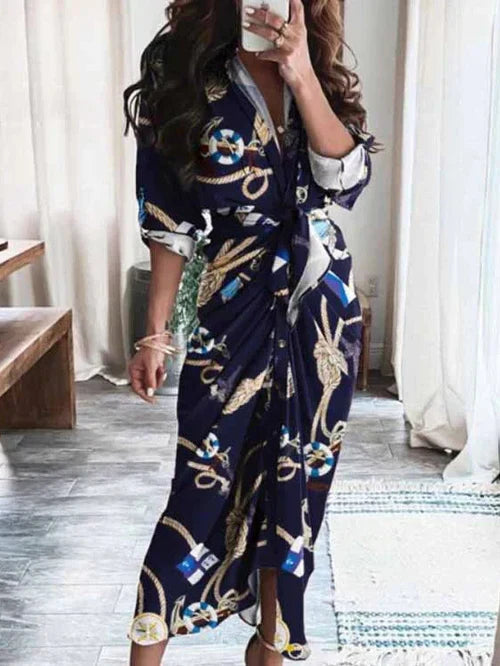 Dam Fritidsklänning V-ringning Bälte Lätta Material-4