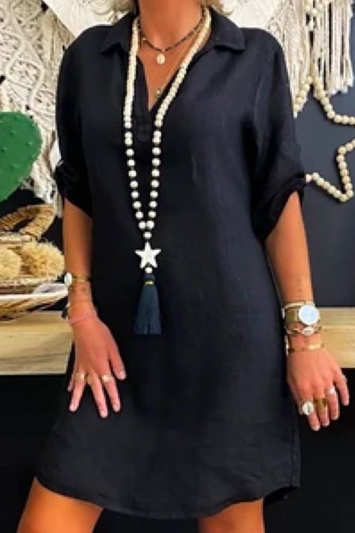 Dam Klänning Skjorta Med Upphöjda Ärmar Lätt Material-1