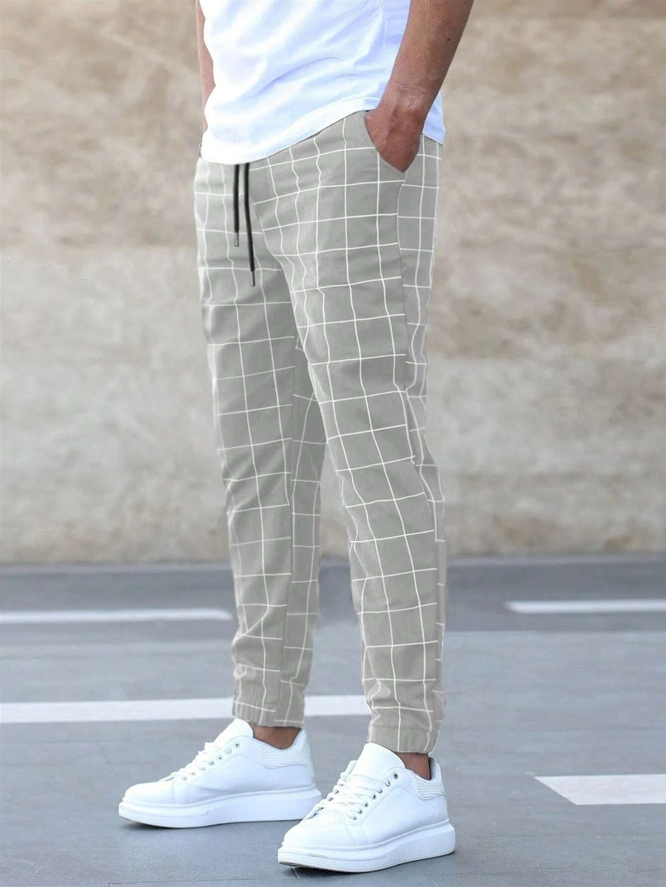 Herrbyxor Rutiga Joggingbyxor Mjuk Elastisk Material-3
