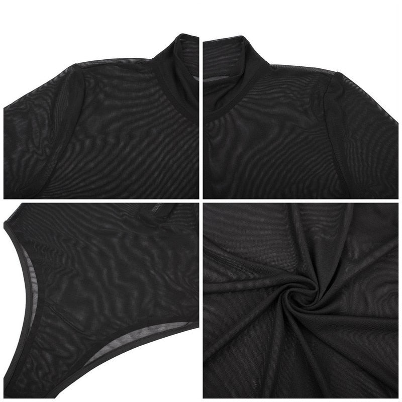 Bodysuit Dam Transparent Långärmad Spandex med Dragkedja och Stativkrage-3