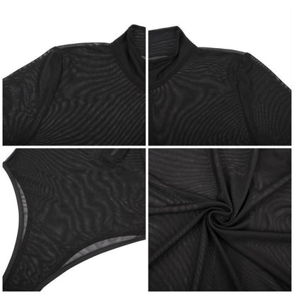 Bodysuit Dam Transparent Långärmad Spandex med Dragkedja och Stativkrage-3