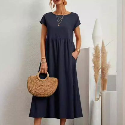 Variant image for Dam Klänning Midi Rundhals Bomull och Linne - Fina Dam Klänningar för Sommarens Evenemang-17