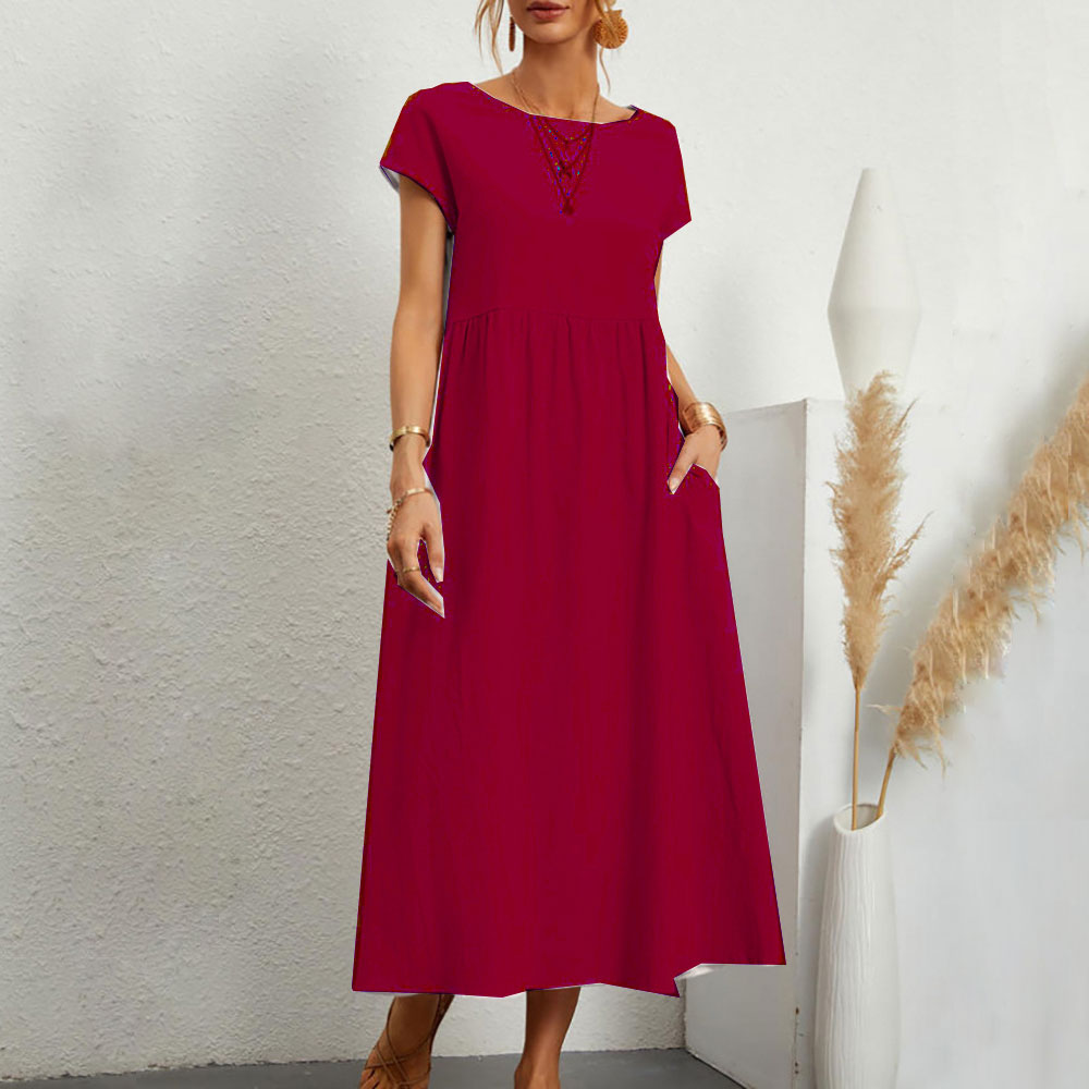 Variant image for Dam Klänning Midi Rundhals Bomull och Linne - Fina Dam Klänningar för Sommarens Evenemang-33