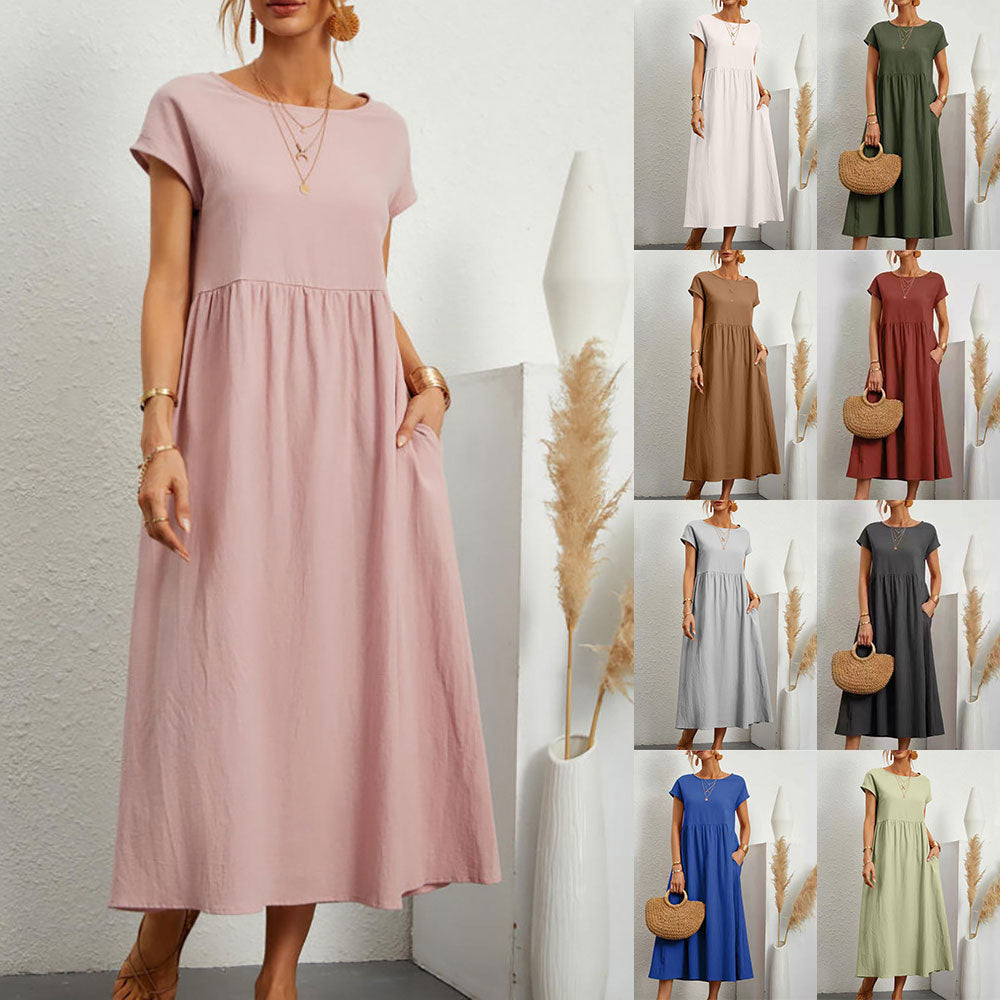 Dam Klänning Midi Rundhals Bomull och Linne - Fina Dam Klänningar för Sommarens Evenemang-4