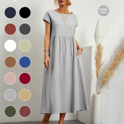 Dam Klänning Midi Rundhals Bomull och Linne - Fina Dam Klänningar för Sommarens Evenemang-6
