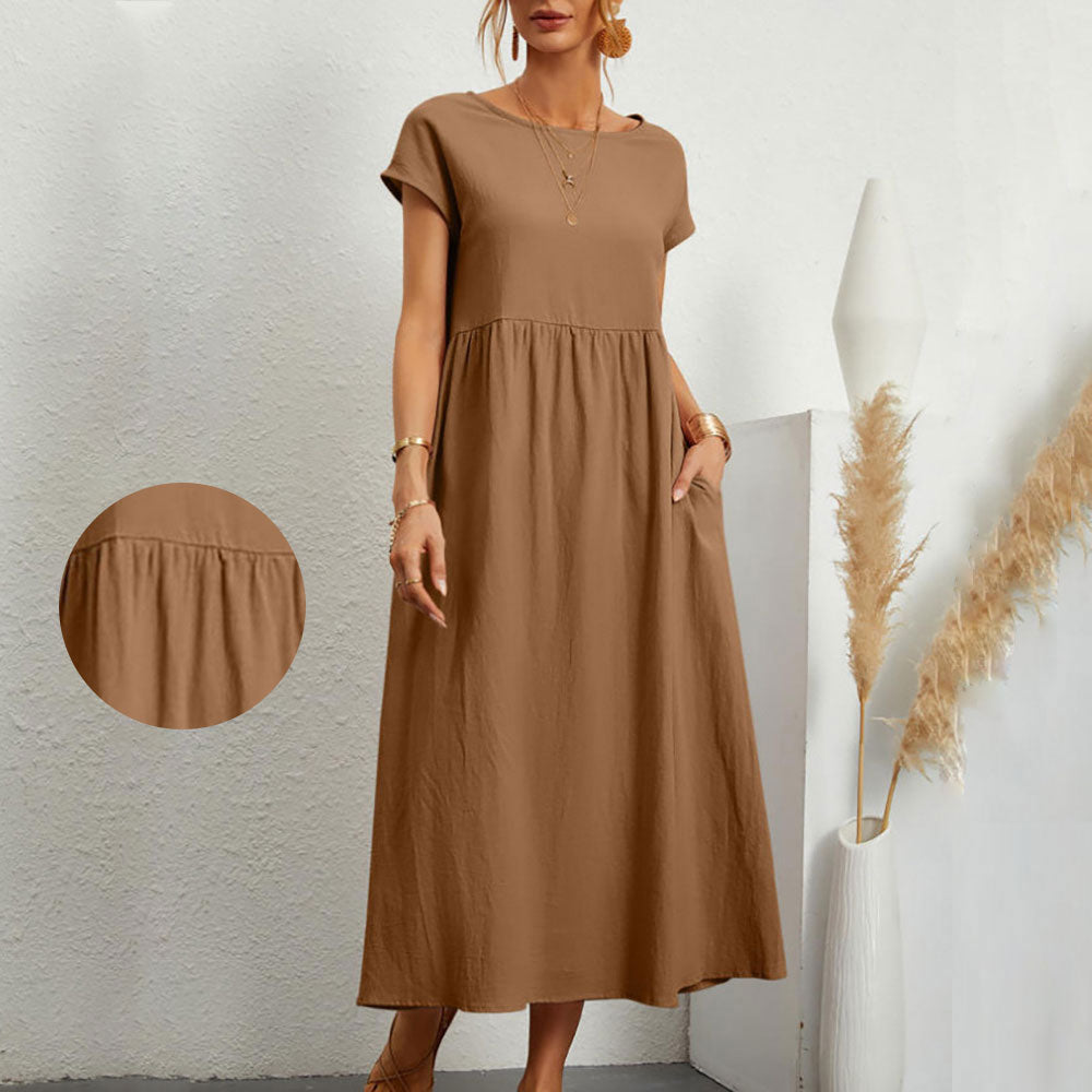 Dam Klänning Midi Rundhals Bomull och Linne - Fina Dam Klänningar för Sommarens Evenemang-3