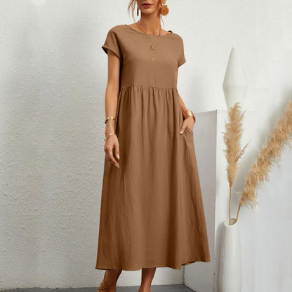 Variant image for Dam Klänning Midi Rundhals Bomull och Linne - Fina Dam Klänningar för Sommarens Evenemang-95